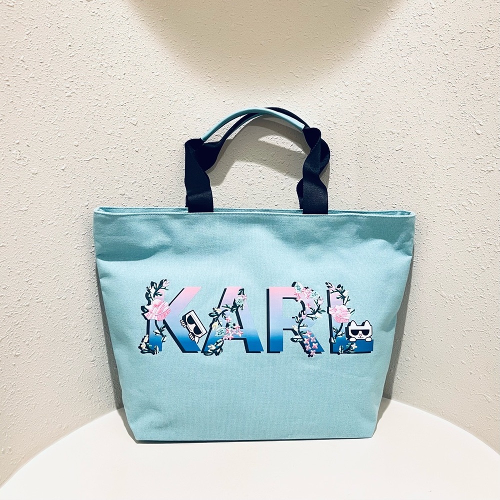 Karl Lagerfeld Paris Double Strap Canvas Floral Embroidered Logo Tote Bag NWT